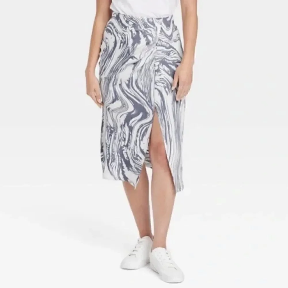 A New Day Blue Marbled Ruched Pencil Skirt